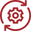 A red icon depicts a gear with two circular arrows surrounding it, symbolizing a process cycle, automation, or system settings.