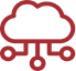 A red icon of a cloud with three lines extending down from the bottom, each terminating in a small circle. This represents a cloud computing or cloud network concept.