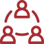 A red icon depicting three interconnected figures arranged in a triangular formation, representing collaboration or networking. Each figure is connected by lines, indicating communication or a shared relationship between them.