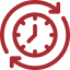 A red icon depicting a clock with two circular arrows around it, one pointing clockwise at the top and the other counterclockwise at the bottom, suggesting continuous time or process cycles.