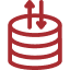 A red icon of a cylindrical database with three horizontal lines. Two arrows, one pointing up and one pointing down, emerge from the top of the cylinder, symbolizing data upload and download.