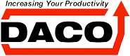 A logo featuring the text "Increasing Your Productivity" above a thick, red, square-shaped arrow that has the text "DACO" in bold black letters inside it. The arrow points upward at the top right corner.