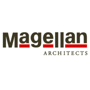 The image shows the logo of Magellan Architects. The word "Magellan" is in brown, bold, sans-serif font with the "g," "e," "l," and "a" underlined by red bars. Below "Magellan," the word "ARCHITECTS" is written in smaller, uppercase, brown serif font.