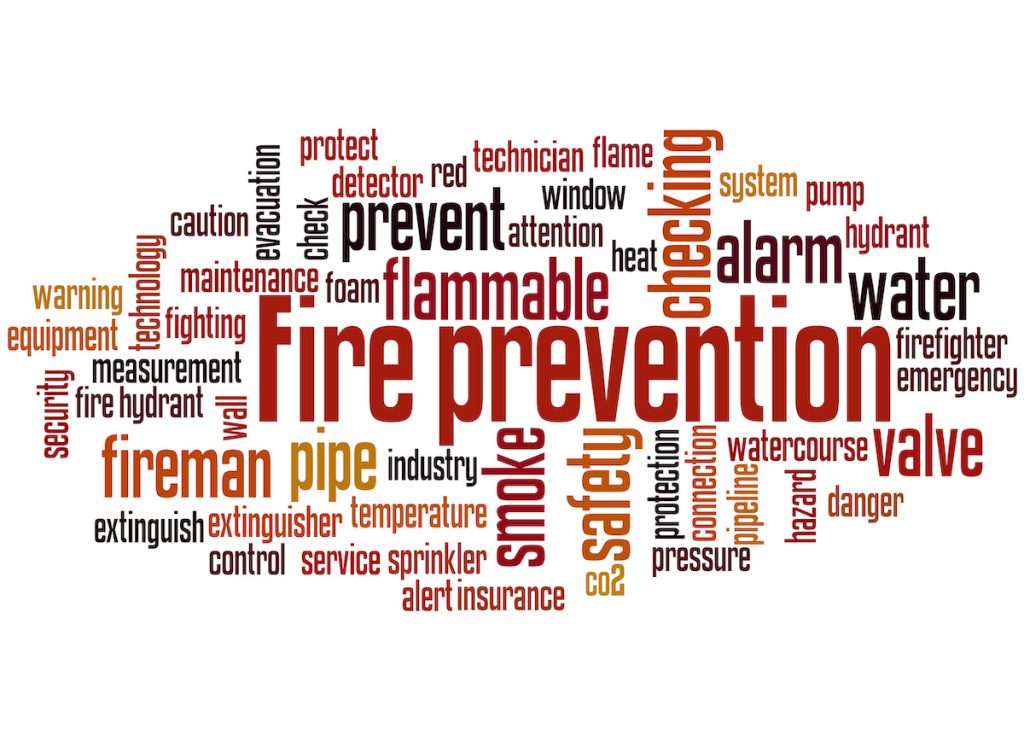 A word cloud centered around "fire prevention" with related words such as "fireman," "pipe," "safety," "smoke," "alarm," "hydrant," "extinguisher," "valve," "flammable," and "emergency" in various sizes and colors.