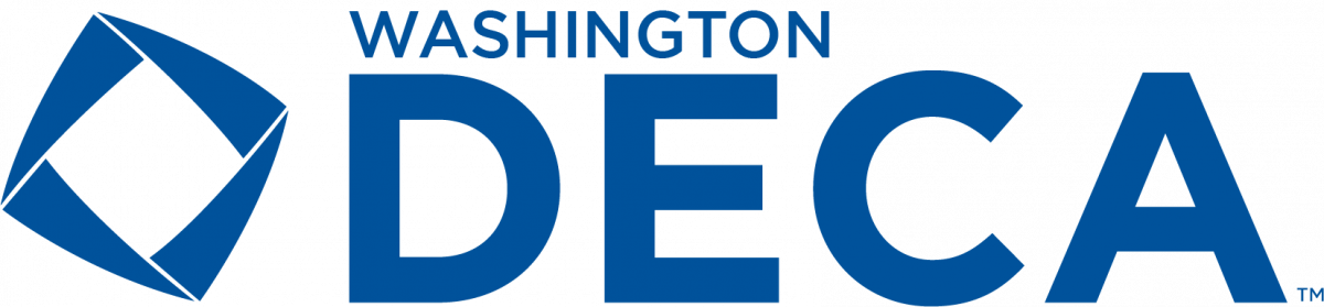 A logo featuring the text "Washington DECA" in blue capital letters. To the left of the text, there is a stylized, geometric design composed of four elongated blue triangles arranged to create an abstract diamond shape.