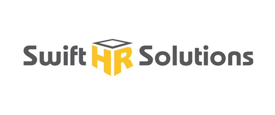 Logo of "Swift HR Solutions" with the text in gray. "HR" is highlighted in yellow and presented in a stylized, three-dimensional box design. The overall look is modern and professional.