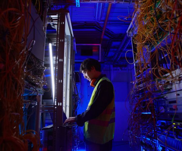 A person wearing a high-visibility vest and headphones is working on a laptop in a dimly lit server room. They are surrounded by racks of servers and tangled cables, illuminated by blue and purple lighting, providing IT consulting services in Seattle.