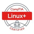 Logo for CompTIA Linux+ certification. The design features a red rectangular band with "Linux+" in white text in the center. "CompTIA" is written above in red, and below is a simplified icon of a person with the word "CERTIFIED" beneath it—ideal for professionals who manage IT services.