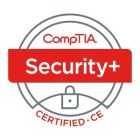 The image shows the CompTIA Security+ Certified CE badge. It has the CompTIA logo at the top with "Security+" prominently displayed in the center on a red background. At the bottom, there's a lock symbol, with "CERTIFIED CE" written below it in red.