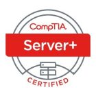 The image shows the CompTIA Server+ certification badge. It features a circular design with "CompTIA" written at the top in red. Below it, a red banner with the text "Server+" is displayed, and at the bottom, the word "CERTIFIED" is shown with an icon of server racks.