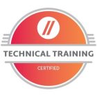 A circular badge with a gradient of red to orange, featuring a white icon with two diagonal lines at the top. The center reads "TECHNICAL TRAINING" in bold silver letters, while the bottom section states "CERTIFIED" in smaller white letters on a red background.