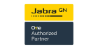 Logo featuring a yellow rectangular top section with the text "Jabra GN" and a black rectangular bottom section with the text "One Authorized Partner.