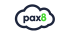 The Pax8 logo features the word "pax" in lowercase black letters followed by the number "8" in green, all centered within a cloud outline in black.